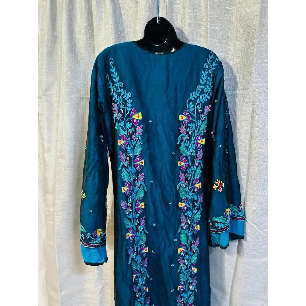 Dress gown maxi abaya turquoise green blue embroidered boho fashion - Picture 10 of 12
